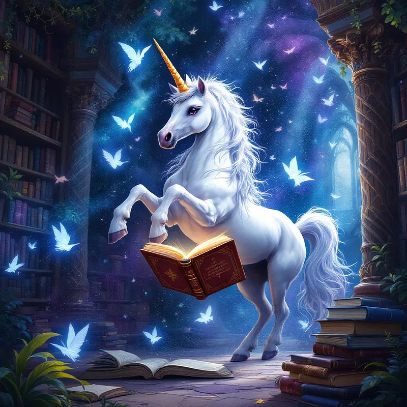 A unicorn guardian in a mystical library, surrounded by floating books.