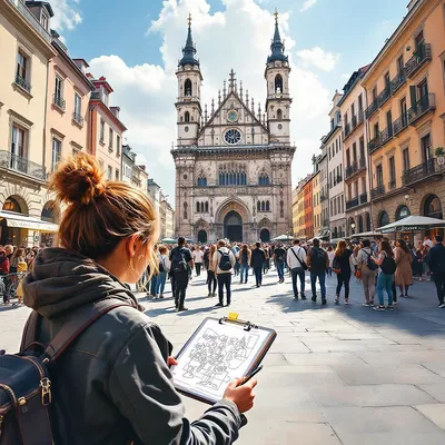 Digital nomad sketching in a European city square