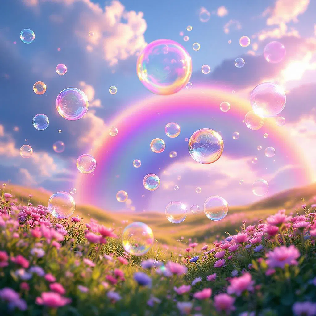 Inspiring landscape with rainbow bubbles