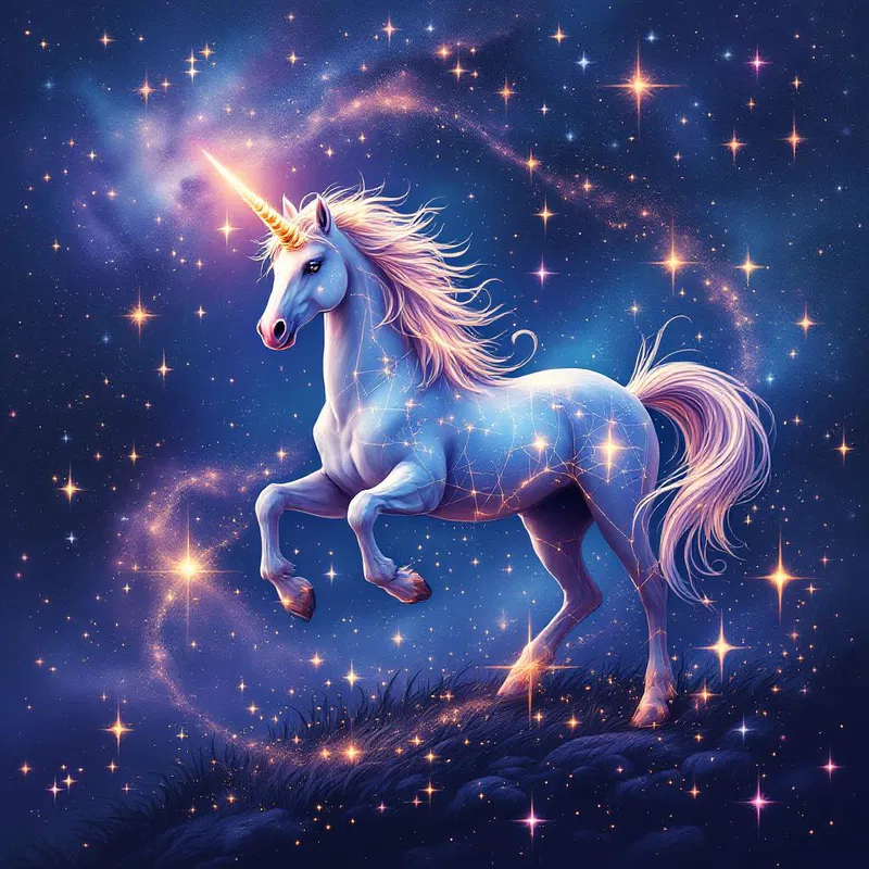 A unicorn depicted as a constellation in a starry night.