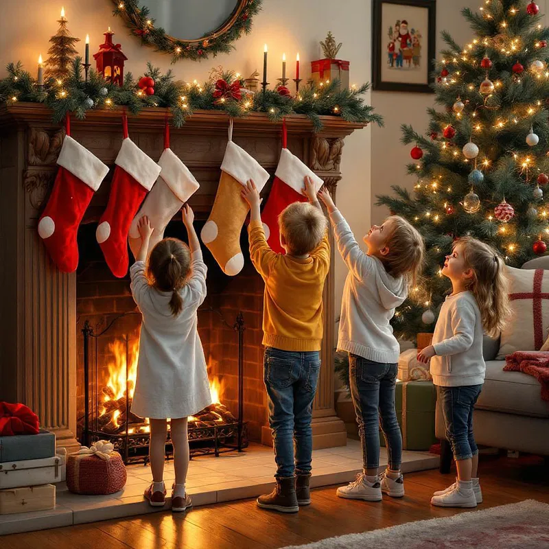 Children hanging stockings by the fireplace