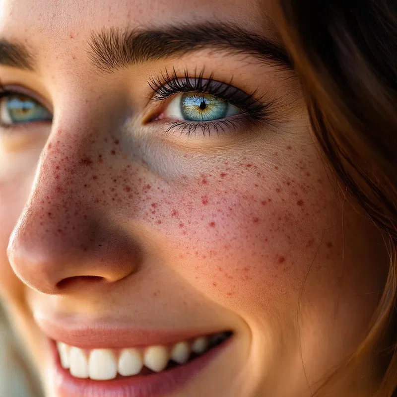 Close-up AI headshot of a woman with freckles.