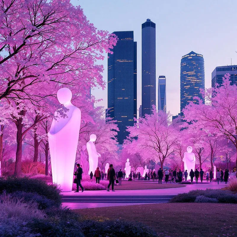 City park bathed in pink fever light.