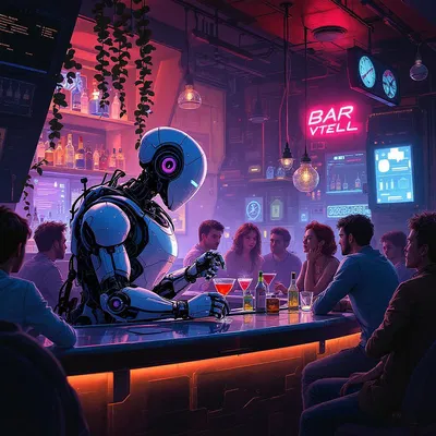 Cyberpunk robot bartender