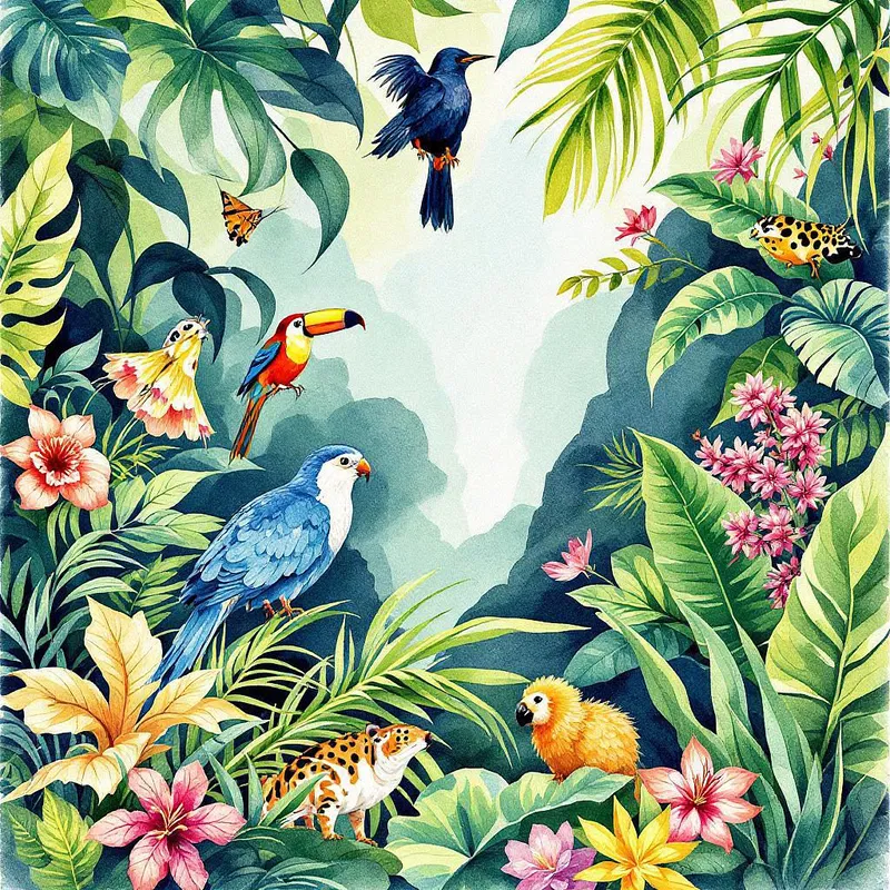 Botanical watercolor of tropical plants and animals