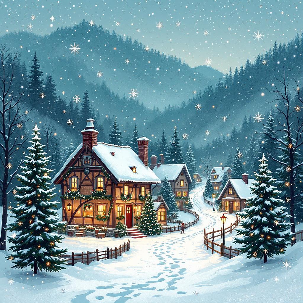 Artistic Christmas card with scenic village and snowflakes.