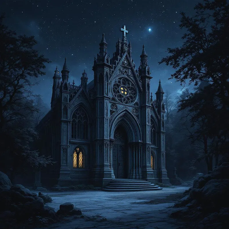 Gothic mausoleum under a starry night sky