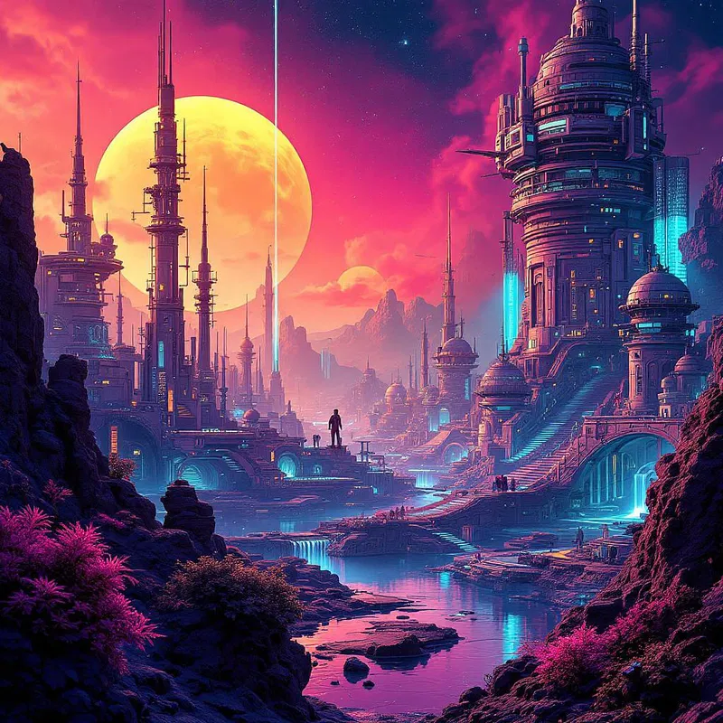 Futuristic landscape with neon lights