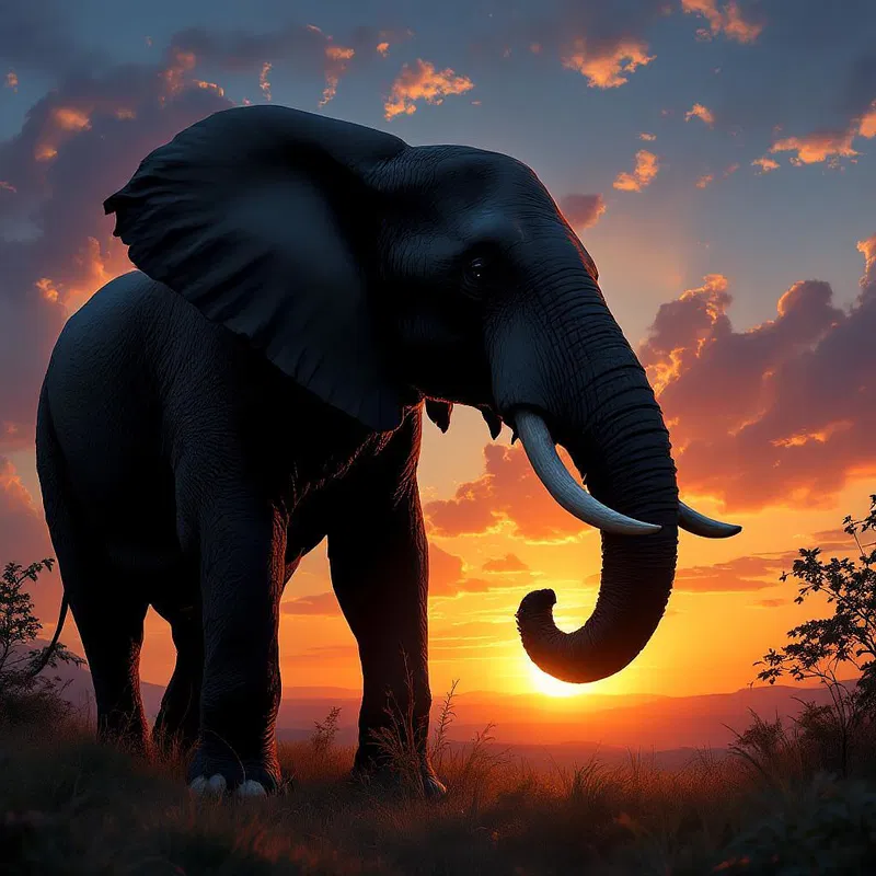 Giant elephant in a sunset silhouette