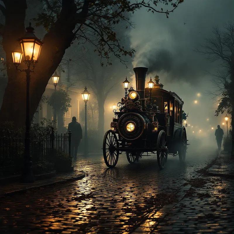 Victorian steam carriage on cobblestone street