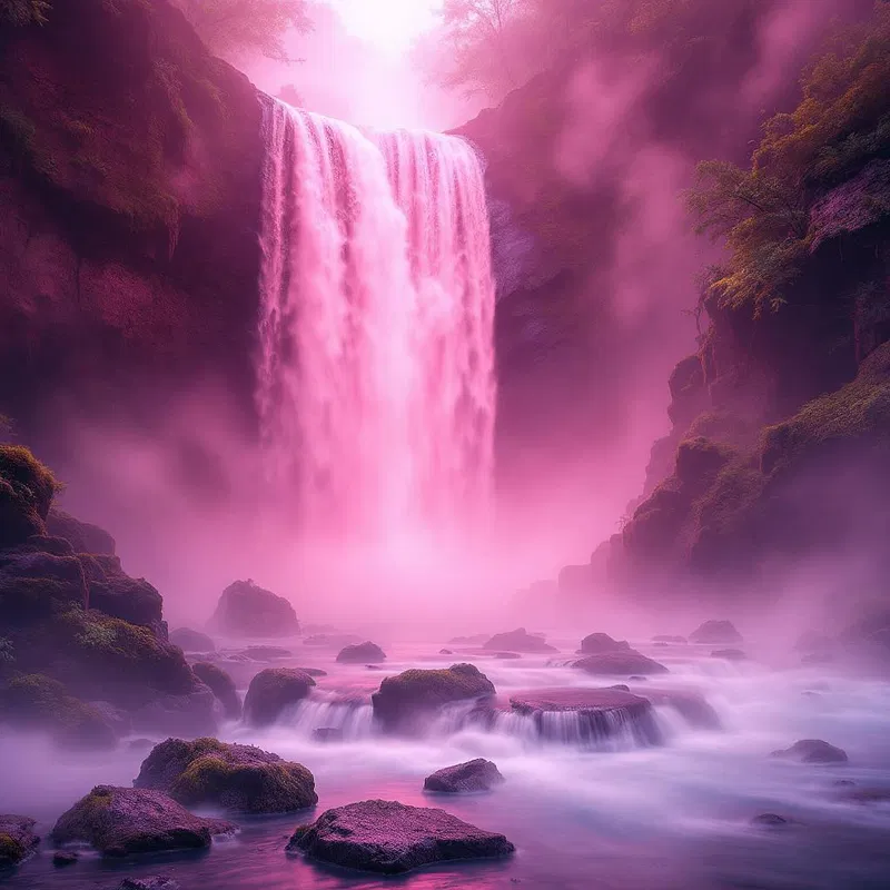 Pink fever waterfall cascading over rocks.