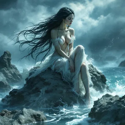 A captivating siren singing on a rock in the ocean.