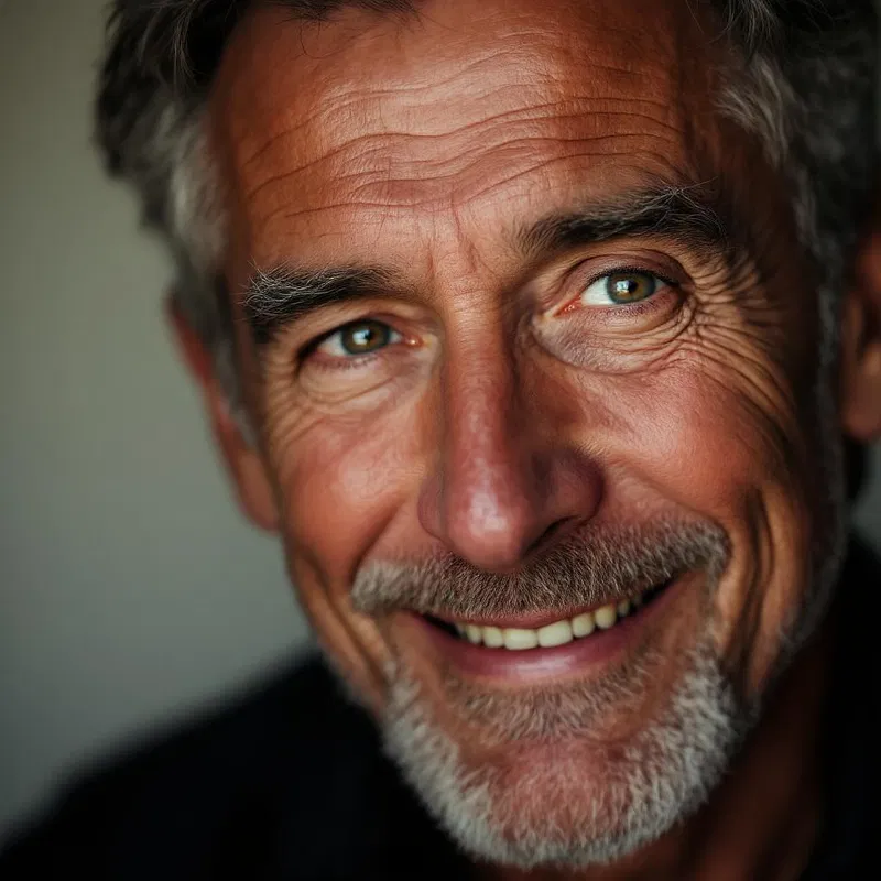 Portrait of a mature man with a weathered face and gentle smile.