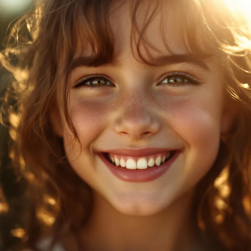 Hyperrealistic close-up of a young girl's face smiling.