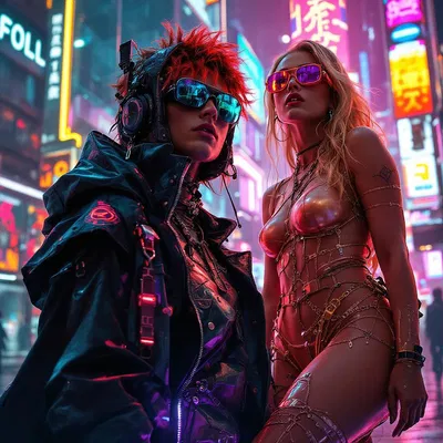 A futuristic cyberpunk fashion scene with neon lights and edgy attire.