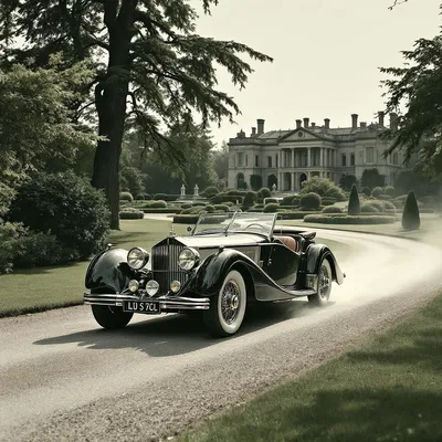 Vintage luxury car on estate grounds