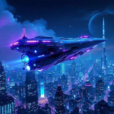 Futuristic sci-fi spaceship hovering above a neon cityscape