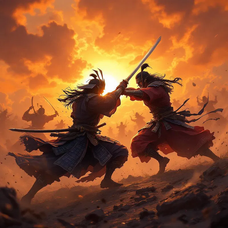 Samurai battle at sunset