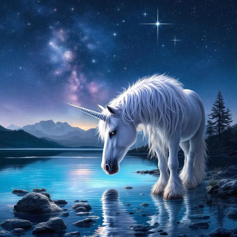 A serene unicorn by a crystal lake.