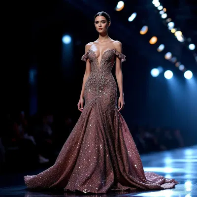 Luxury AI fashion week evening gown.