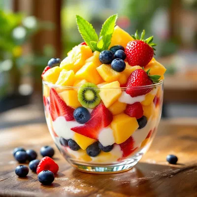 Tropical fruit parfait with bright colors