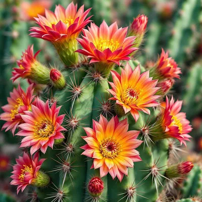 Close-up botanical illustration of a cactus and its flowers