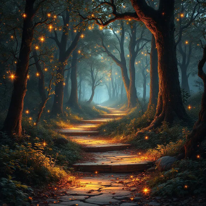 Enchanted path through an illuminated forest