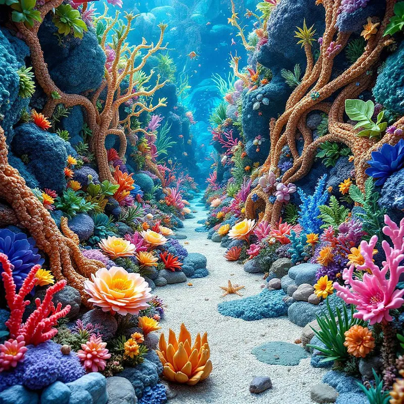 Artificial AI seabed garden with unique flora