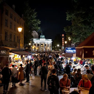 Berlin nightlife scene with street food stalls and social gatherings