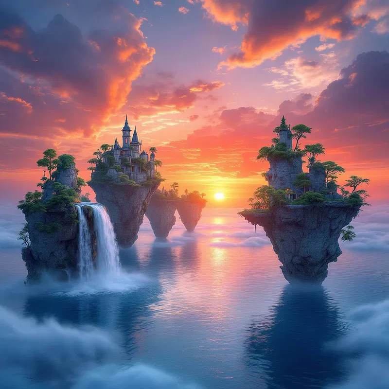 Floating islands with cascading waterfalls in a sunset sky.