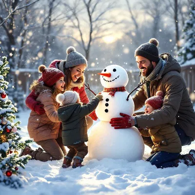 A family building a snowman