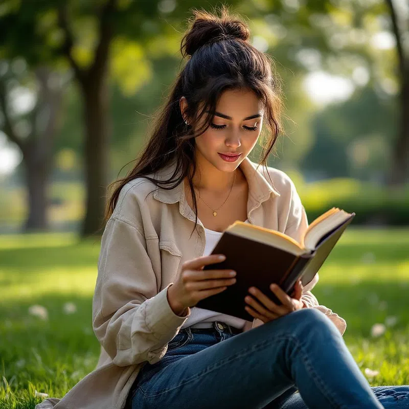 South American woman reading in a park