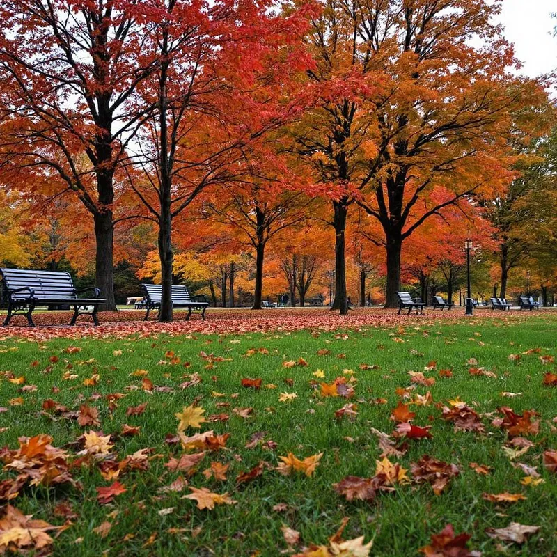 Vibrant autumn park with scattered benches