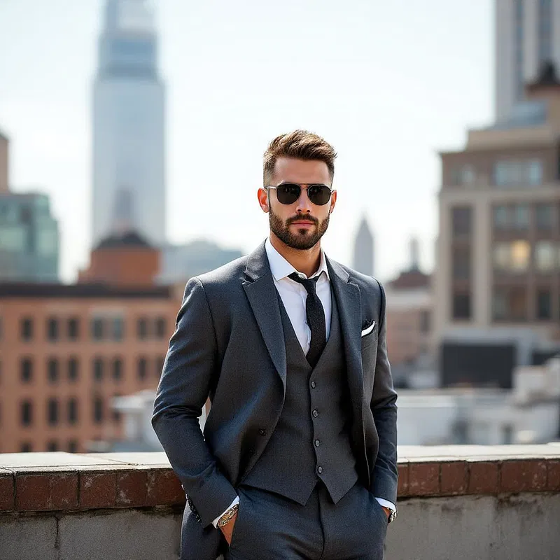 Man in a suit on a city rooftop