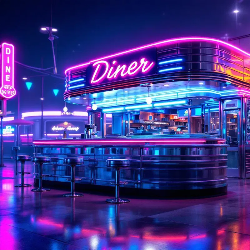 Retro diner with chrome finishes and neon lights