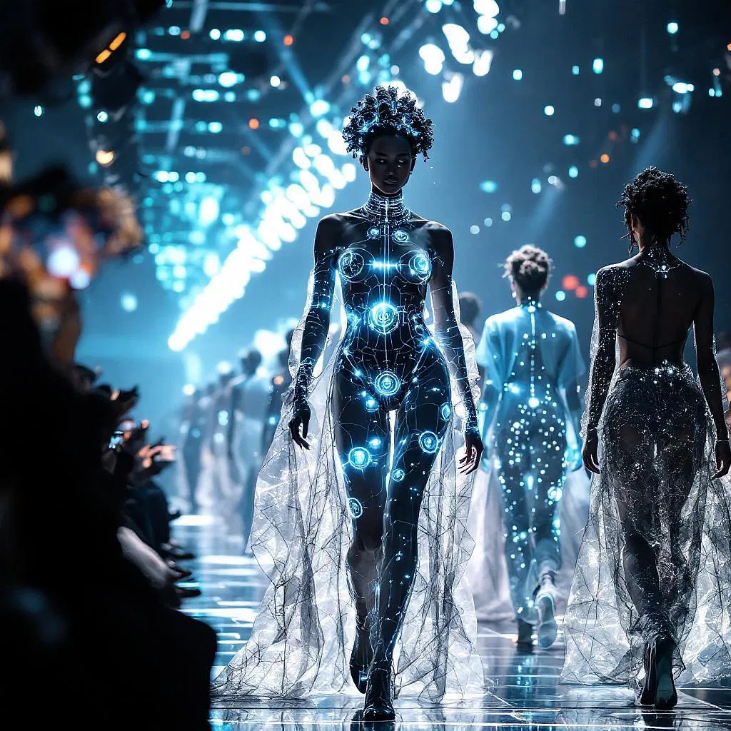 AI-enhanced fashion show capture with intricate designs