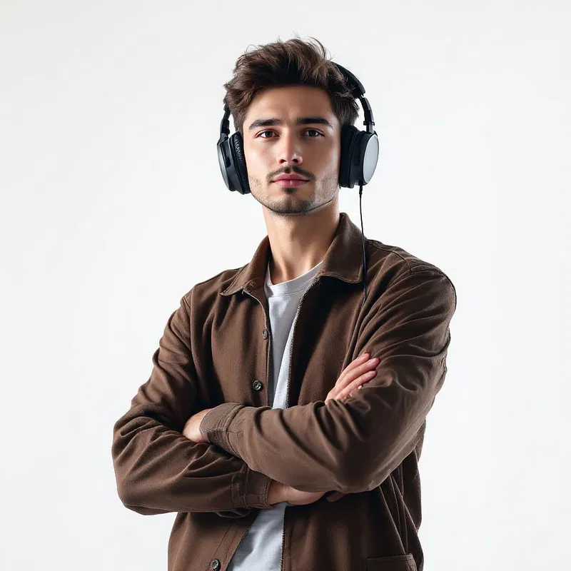 AI headshot of a young man with headphones.