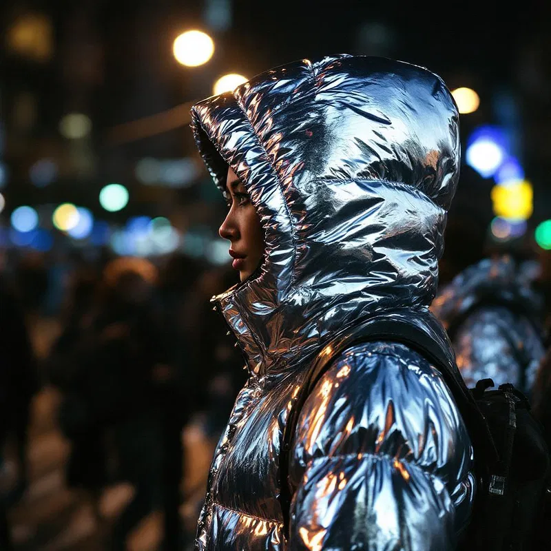 Reflective silver puffer jacket at night