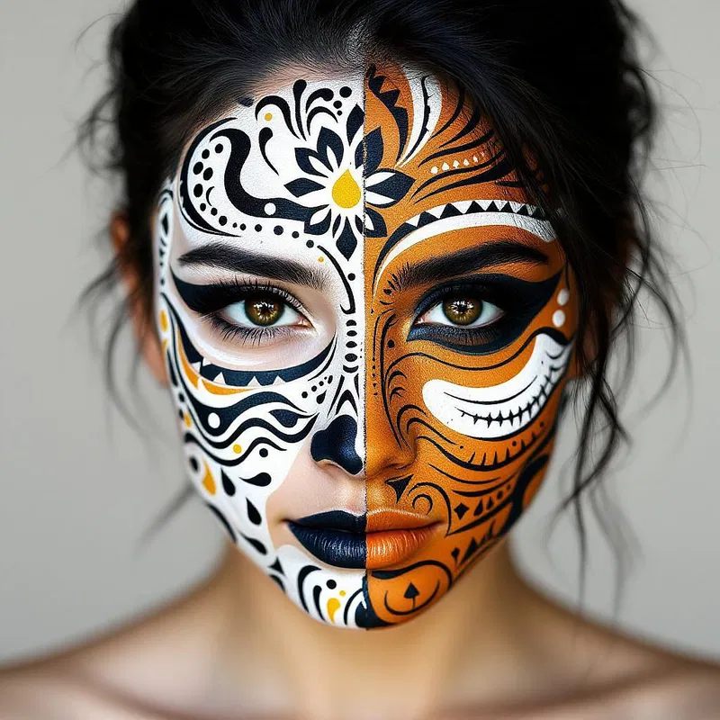 Hybrid tribal face paint merging two worlds