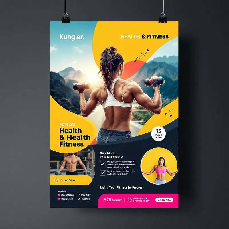 Health and fitness advertising poster featuring active lifestyle imagery.