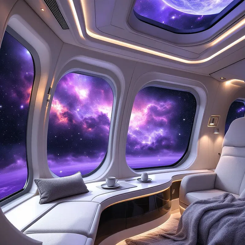 Luxury spaceship interior with scenic view