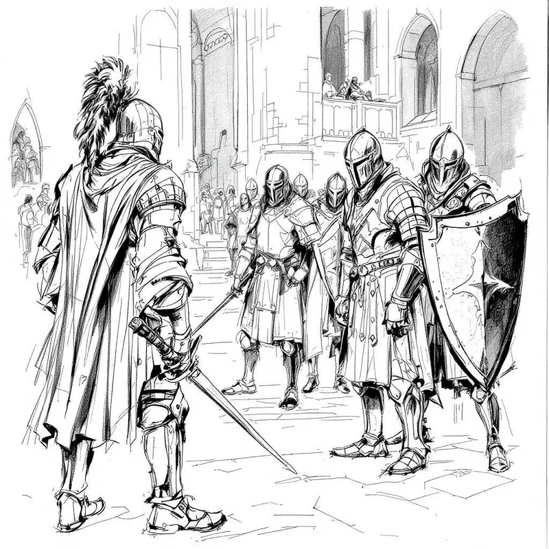 Historical scene storyboard sketch with knights