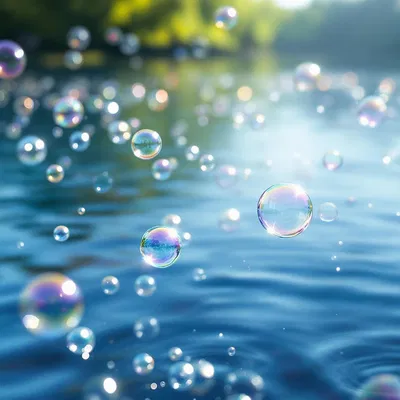 Serene bubbles floating over a lake