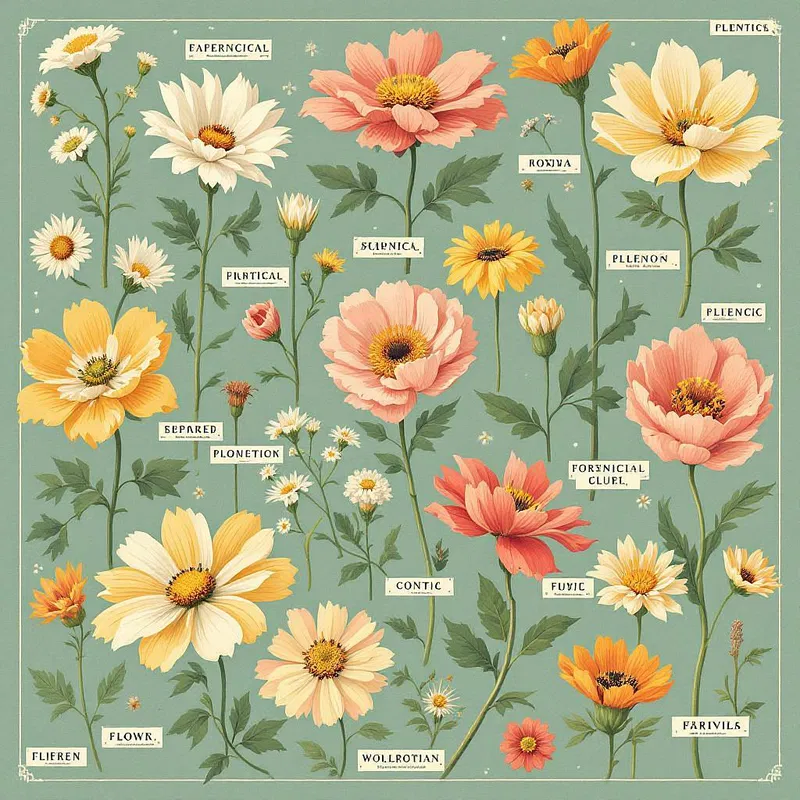 Retro botanical art poster with labeled flowers