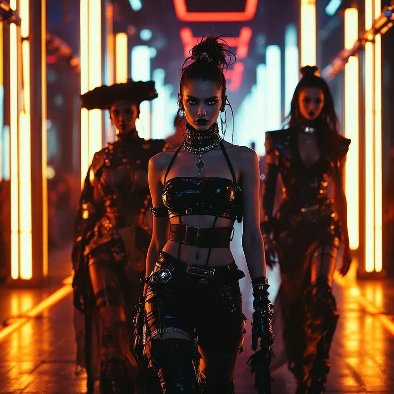 Neon-lit cyberpunk fashion runway with avant-garde designs.