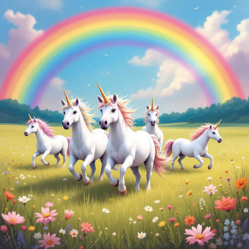 A scene of unicorns running freely in a field under a rainbow.