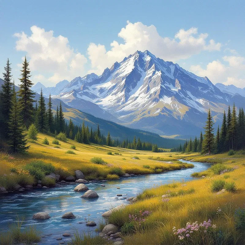 AI-generated oil painting of a peaceful mountain landscape