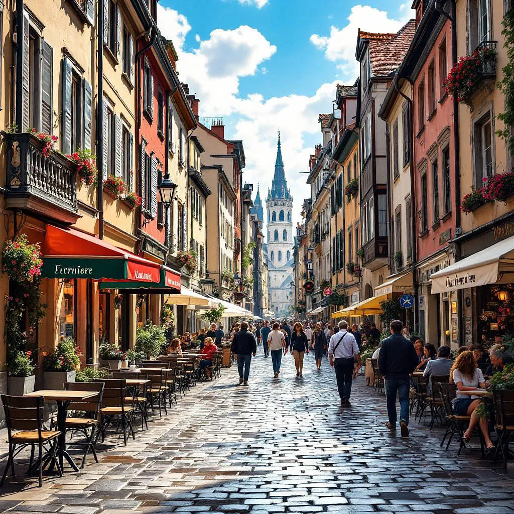 AI-generated image of a bustling European street