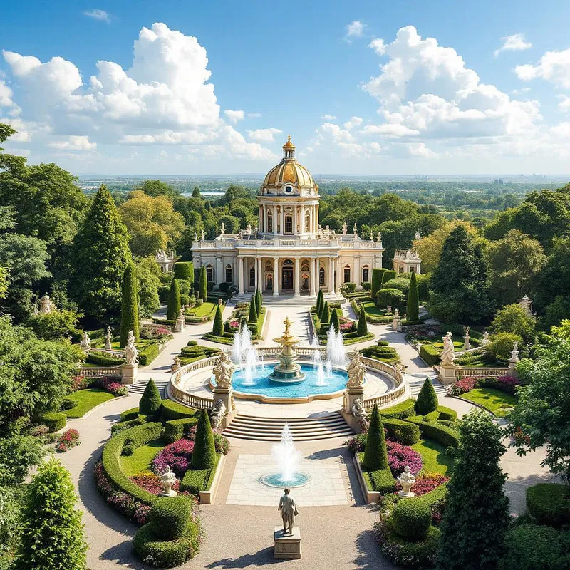 Palatial estate with ornate gardens