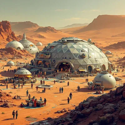 Mars dome city with people